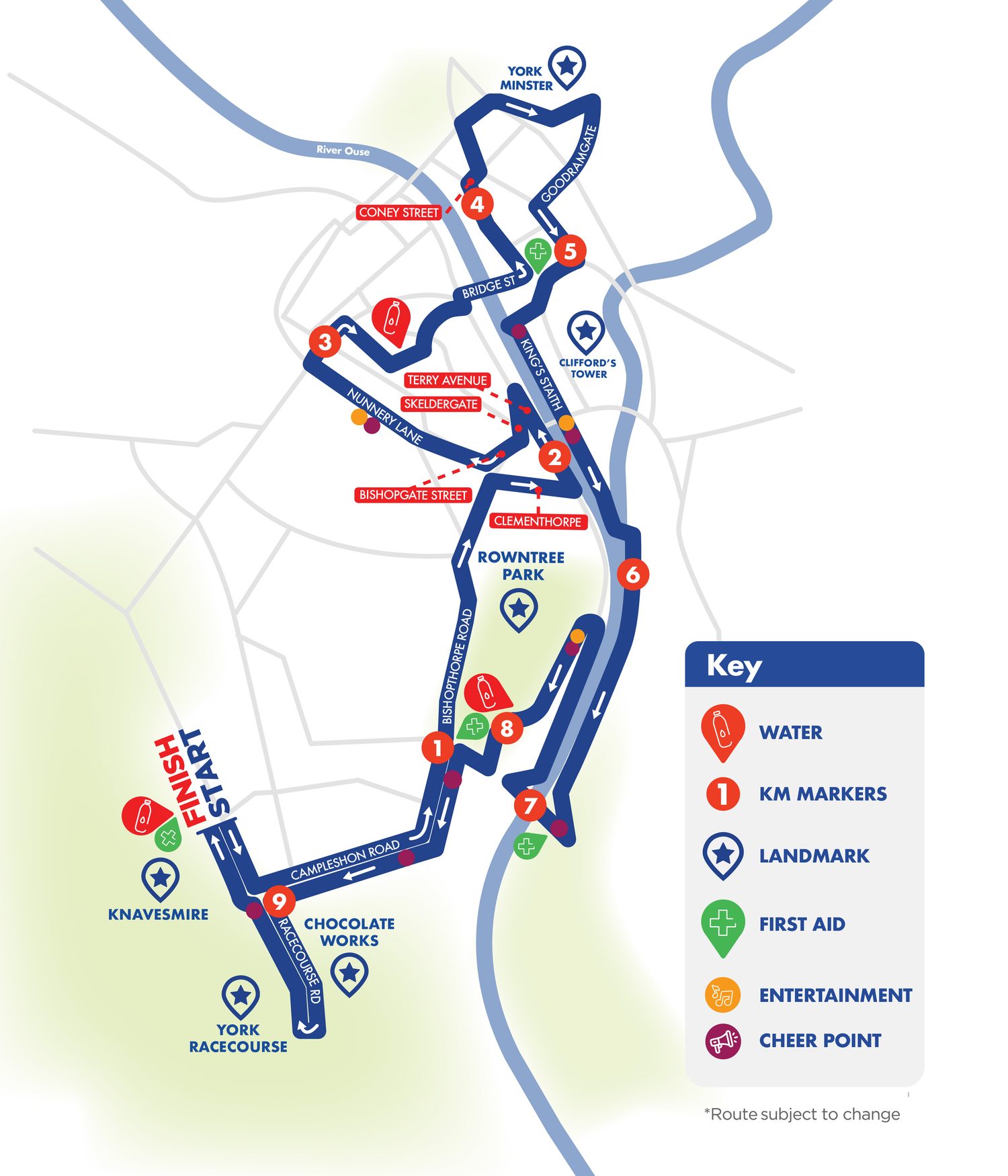 Official York 10K route map showing the course from Knavesmire Road through York city centre and back